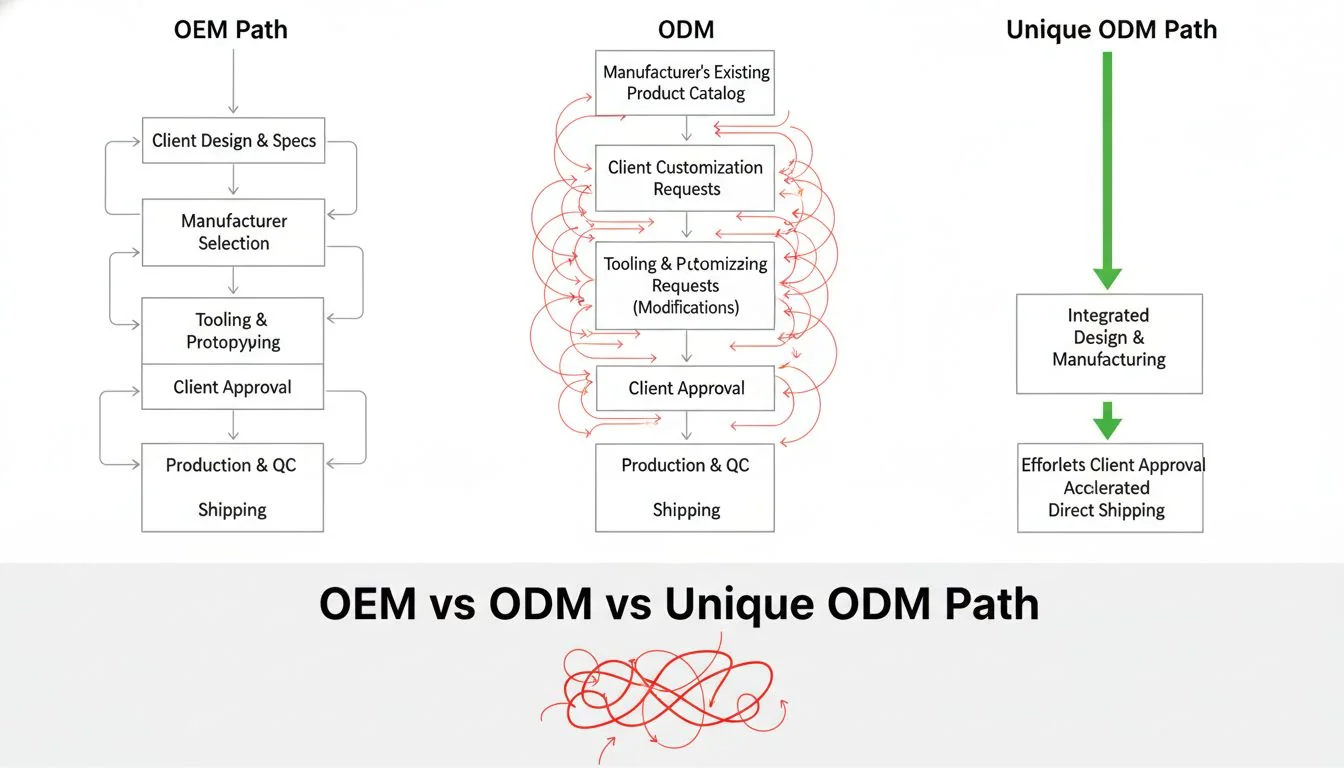 A flowchart showing the difficult paths of OEM and ODM vs the streamlined path of a Unique ODM.