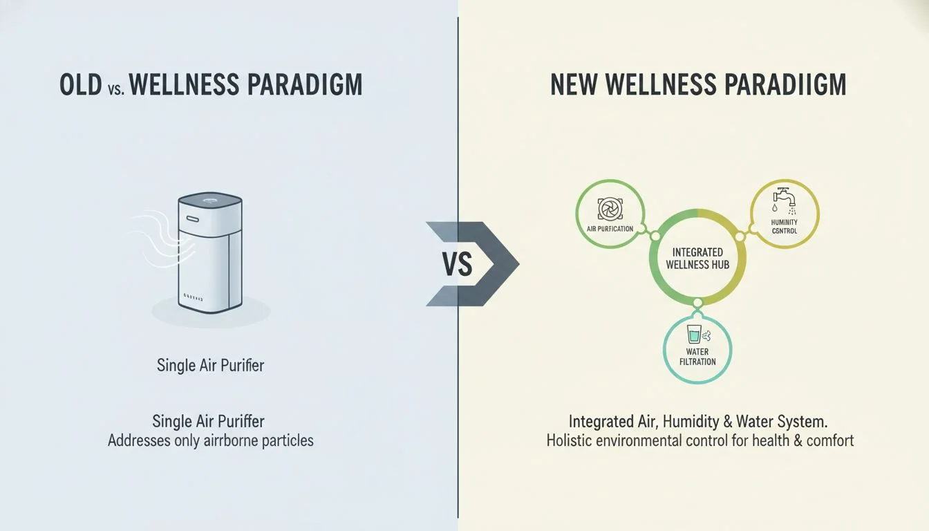 Old vs. New Wellness Paradigm A diagram showing the old paradigm of a single air purifier versus the new paradigm of an integrated air, humidity, and water system.