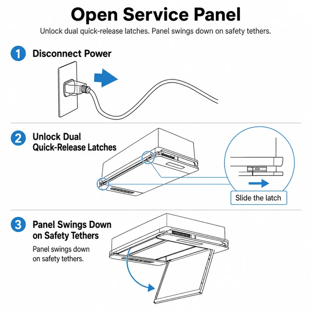 Step-by-step guide to open a service panel, including disconnecting power, unlocking latches, and swinging down the panel on safety tethers.