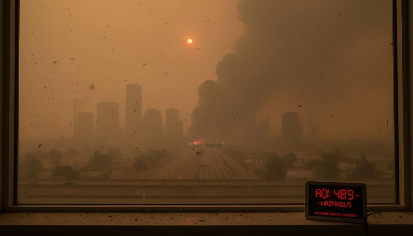 view through window showing smog and wildfire smoke outside