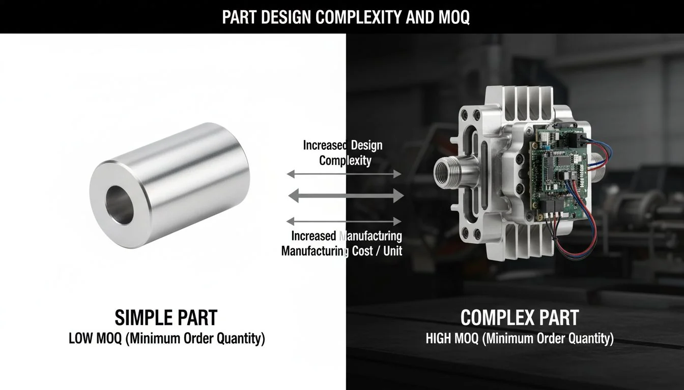 A split view showing a simple part on one side and a complex part with many features on the other.