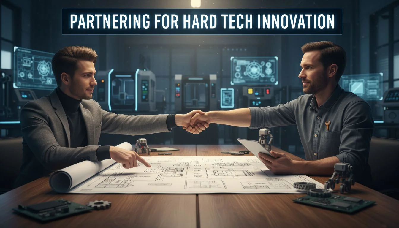 Partnering for Hard Tech Innovation Two professionals, a designer and an engineer, shaking hands over a product blueprint.