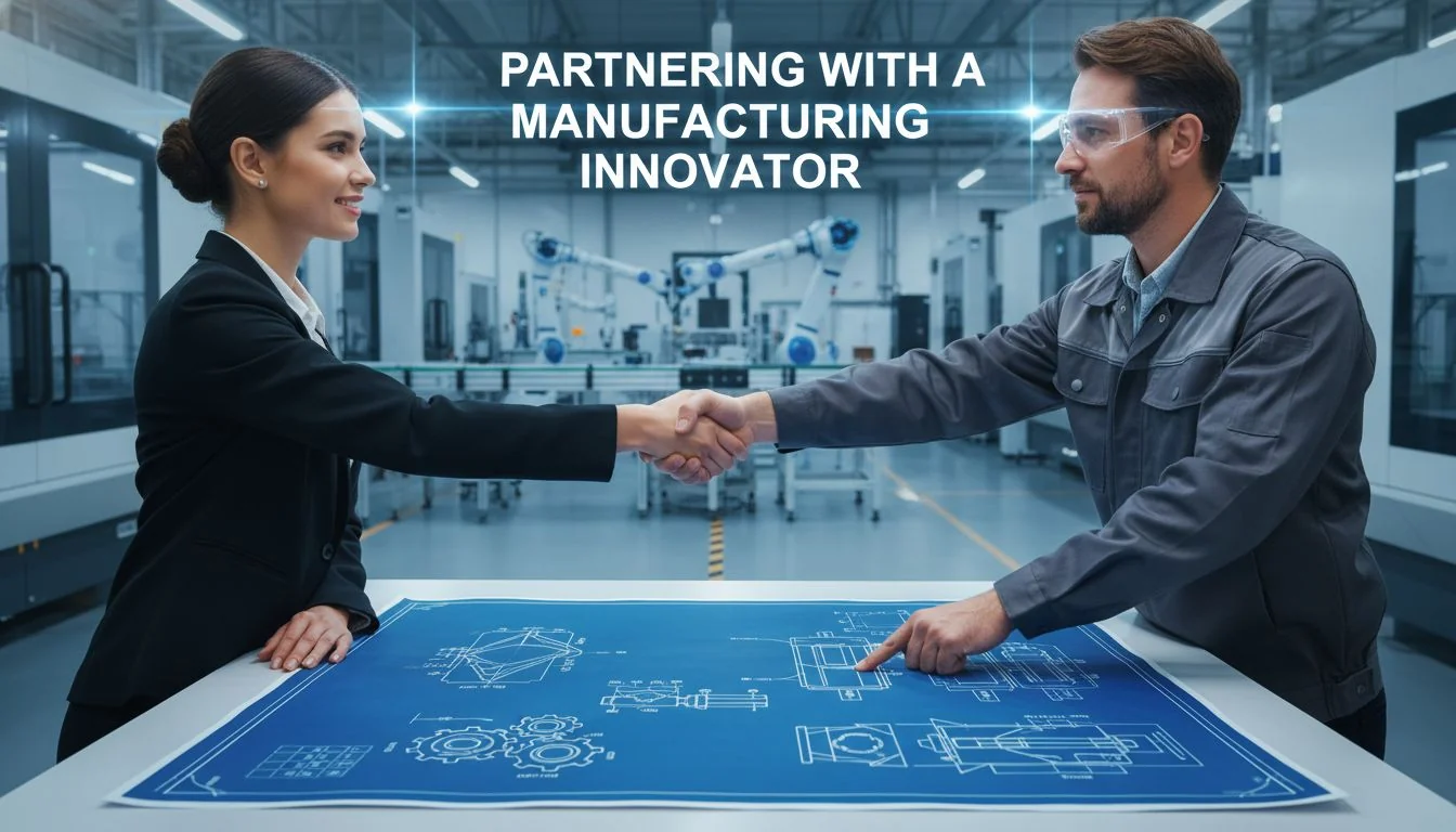 Partnering with a Manufacturing Innovator Two people, a brand owner and a factory engineer, shaking hands over a blueprint.