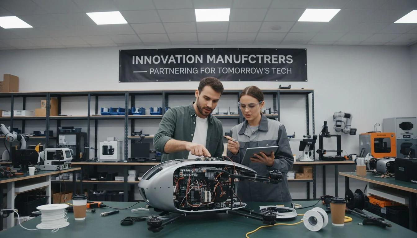 Two people, a founder and an engineer, working together over a product prototype that is half-finished.