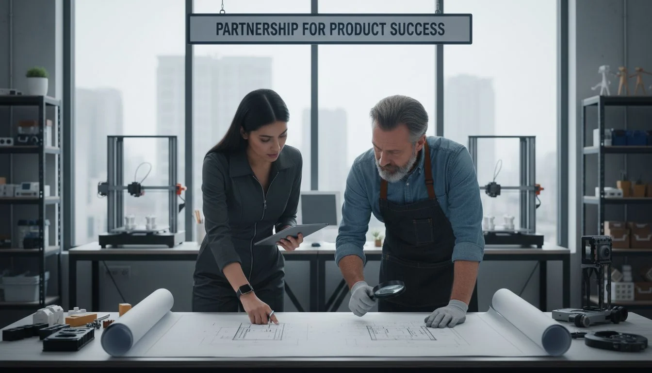 Partnership for Product Success Two people, a designer and a manufacturer, looking over blueprints in a modern workshop