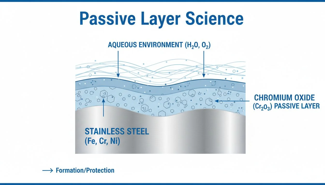 Passive Layer Science diagram of chromium oxide layer on stainless steel
