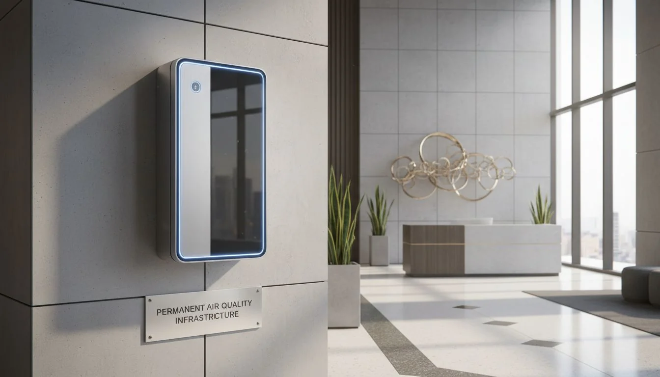 sleek wall mounted air purifier in a corporate lobby