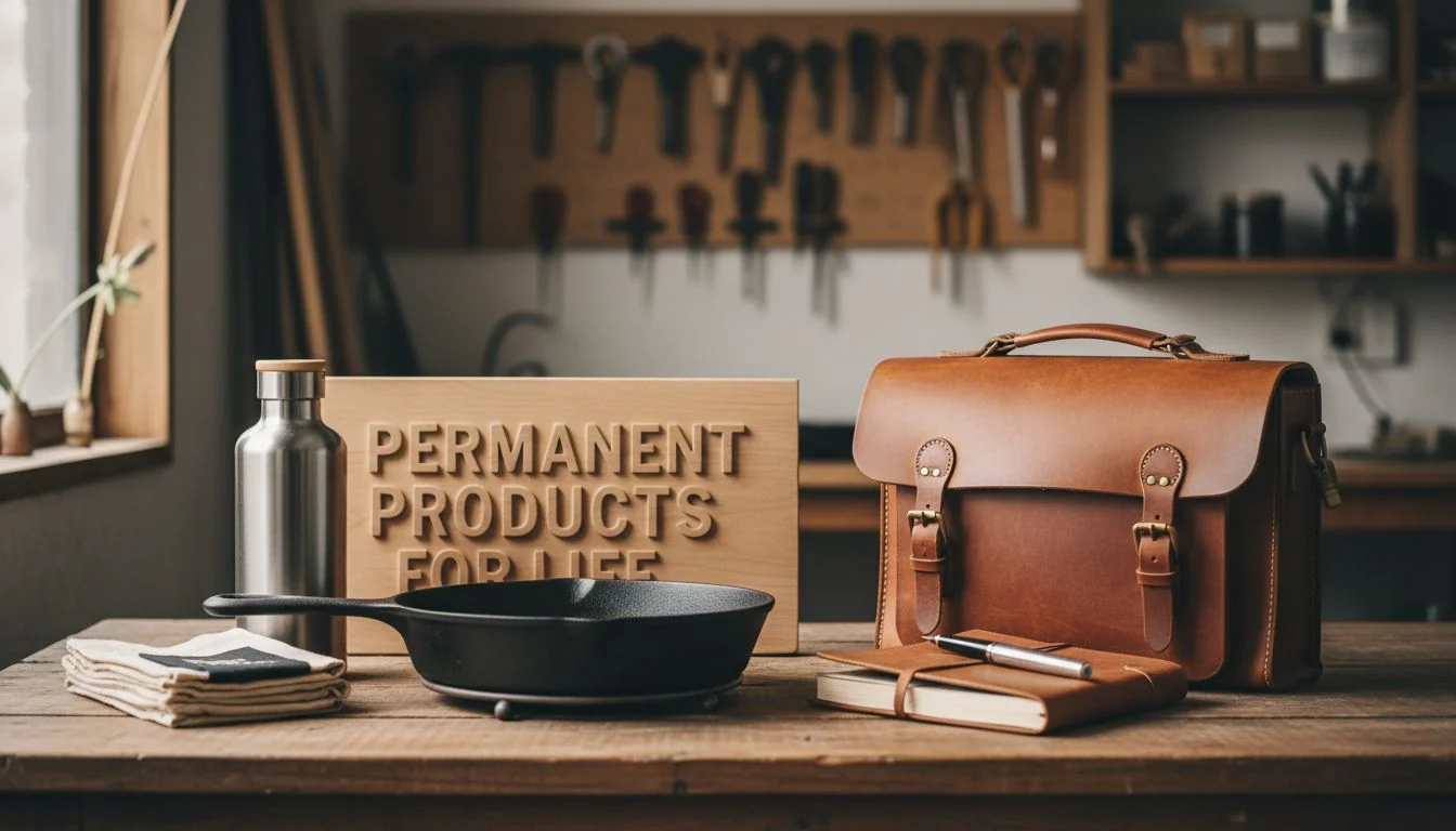 Permanent Products for Life A collection of durable goods: a cast iron pan, a stainless steel water bottle, a leather bag
