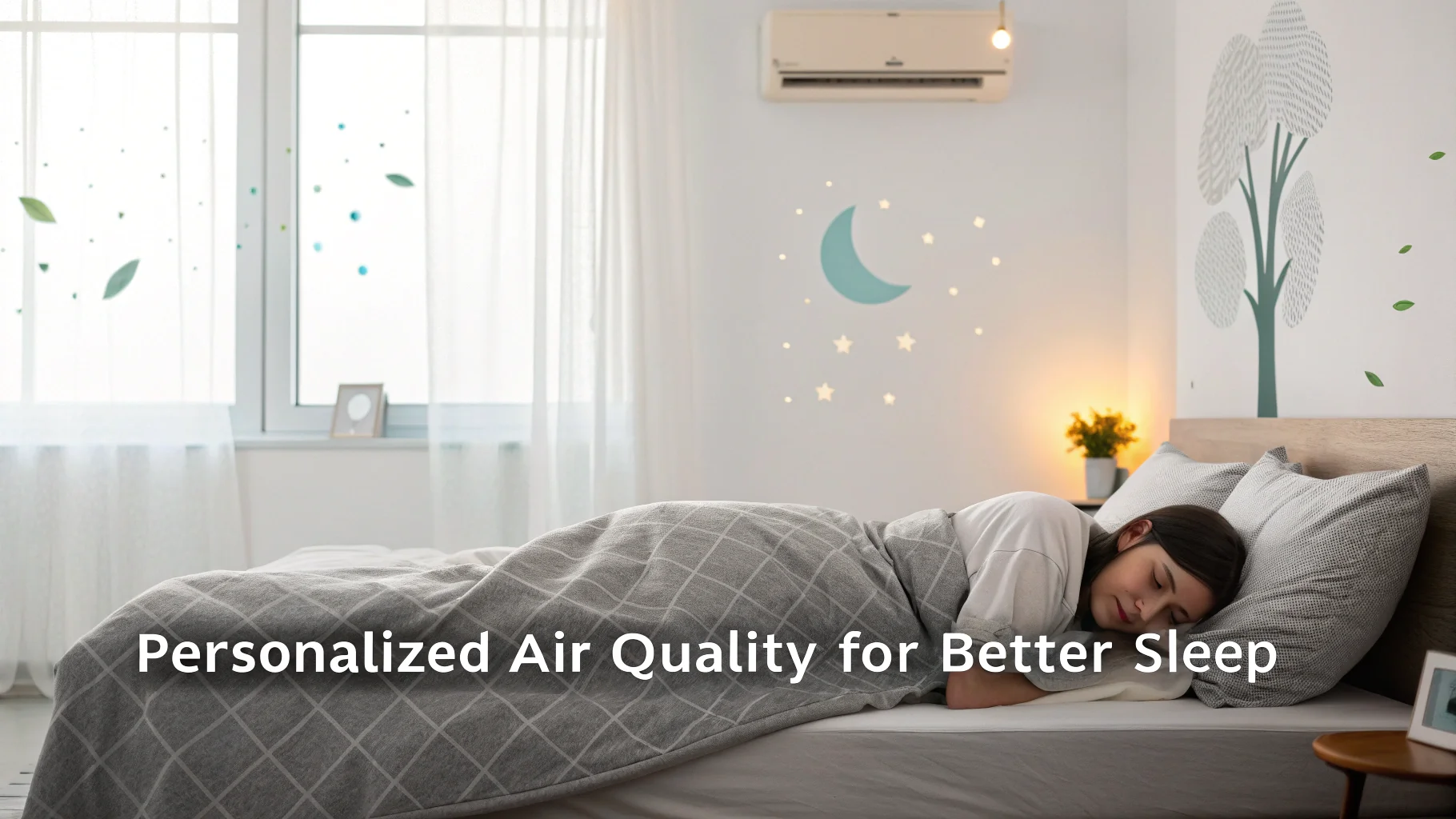A person sleeping peacefully in a bedroom, with subtle graphics indicating AI is optimizing the air quality.