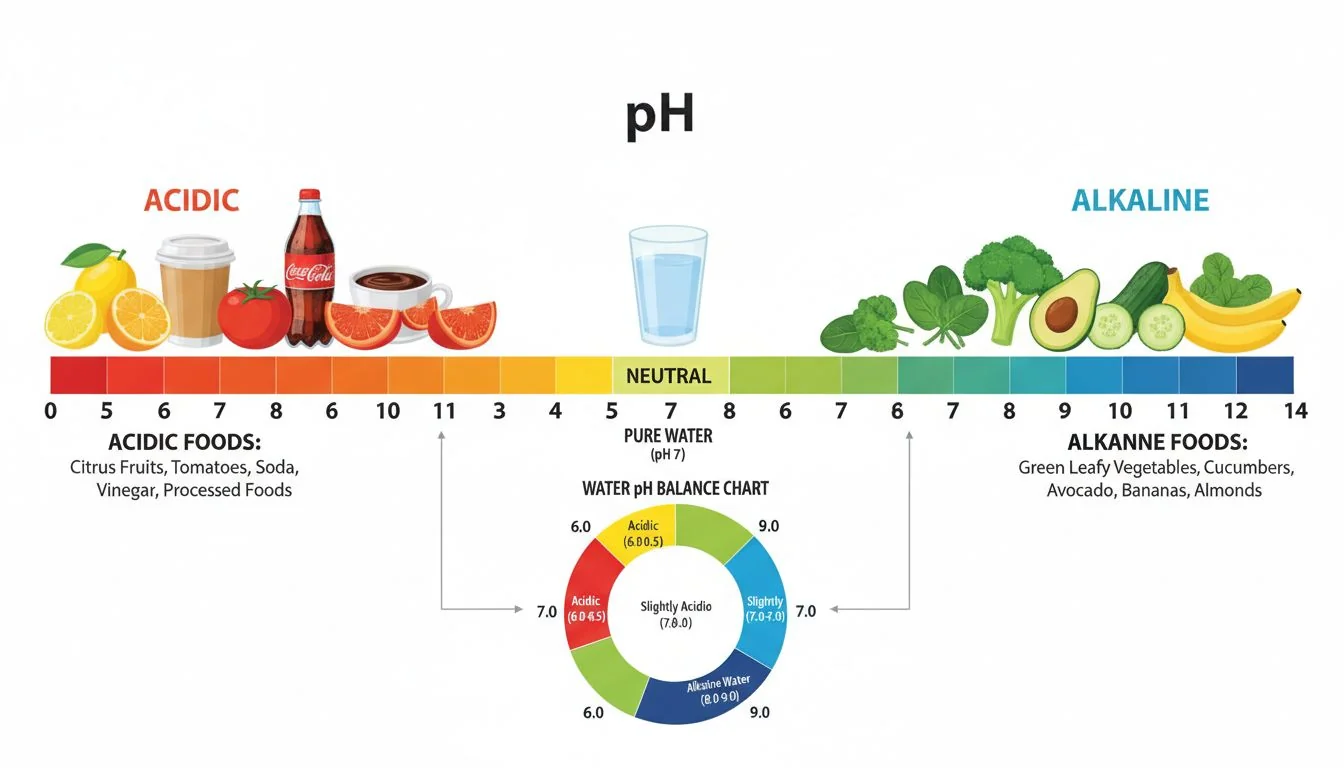 pH Balance Chart ph scale showing acidic vs alkaline foods and water