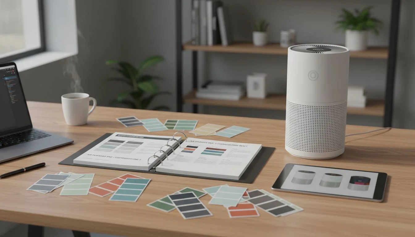 A designer's desk showing color swatches, a product manual draft, and an air purifier.