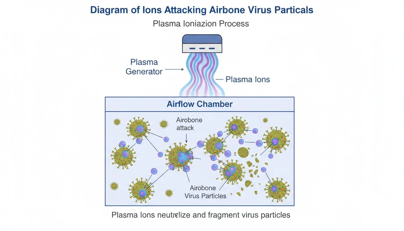 diagram of ions attacking airborne virus particles