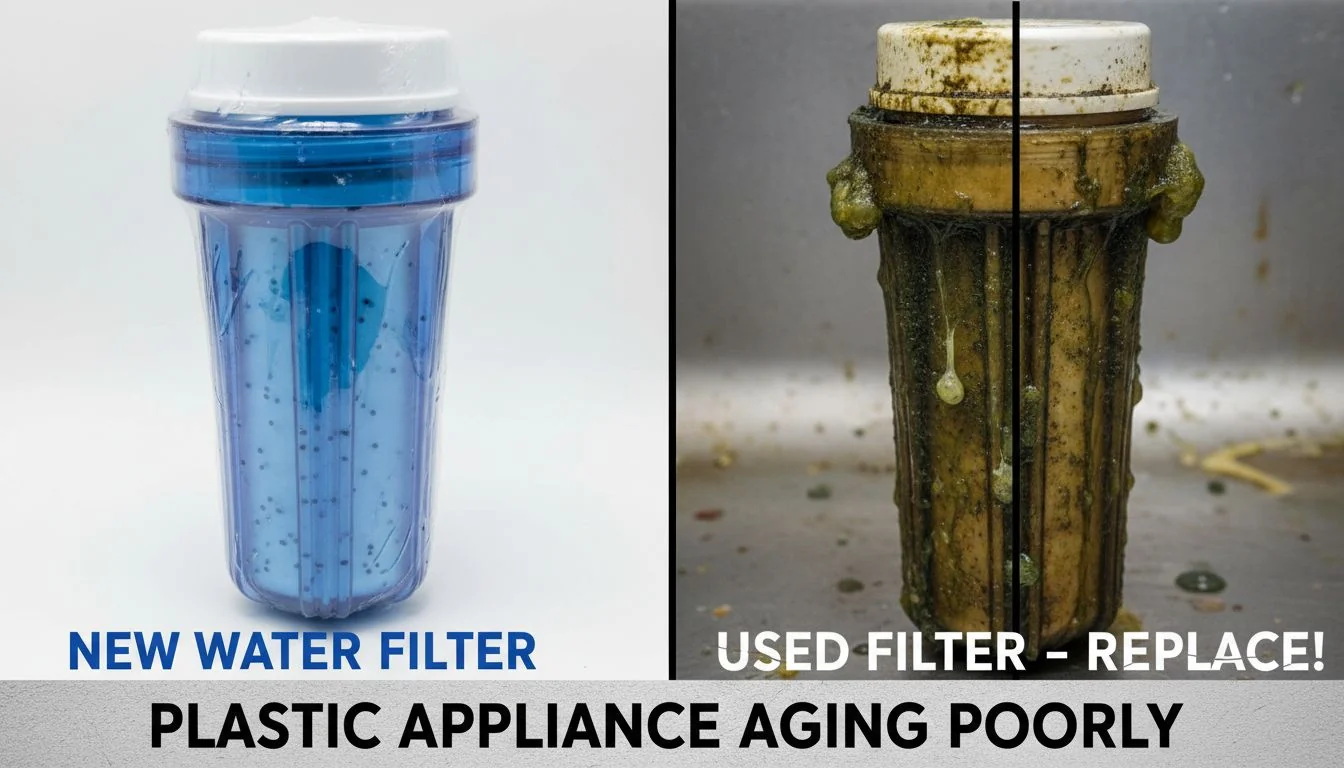 A split image showing a shiny new plastic water filter on one side and a discolored, slimy one on the other.