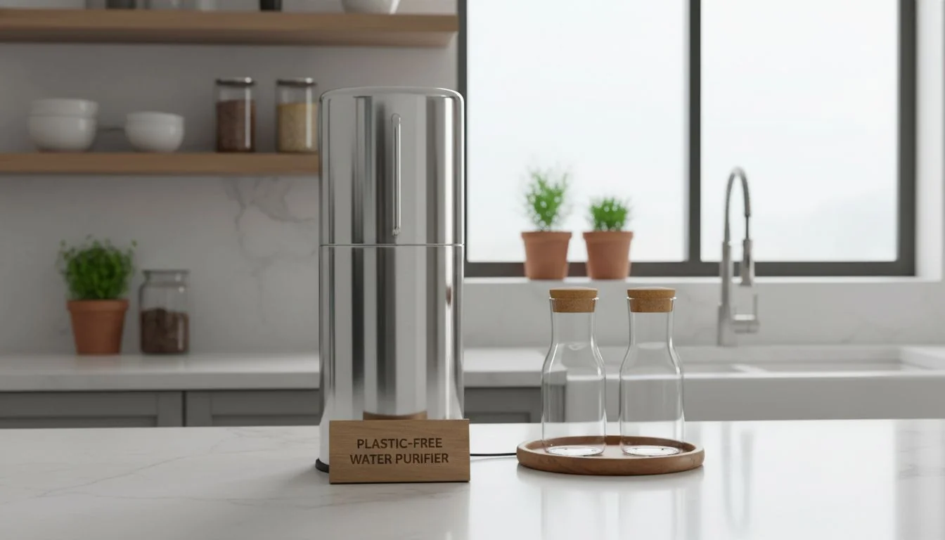 Plastic-Free Water Purifier A sleek stainless steel water purifier on a modern kitchen counter
