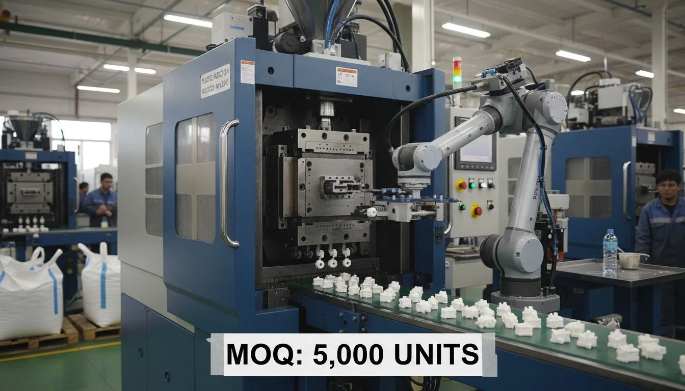 A plastic injection molding machine in operation, producing small parts.