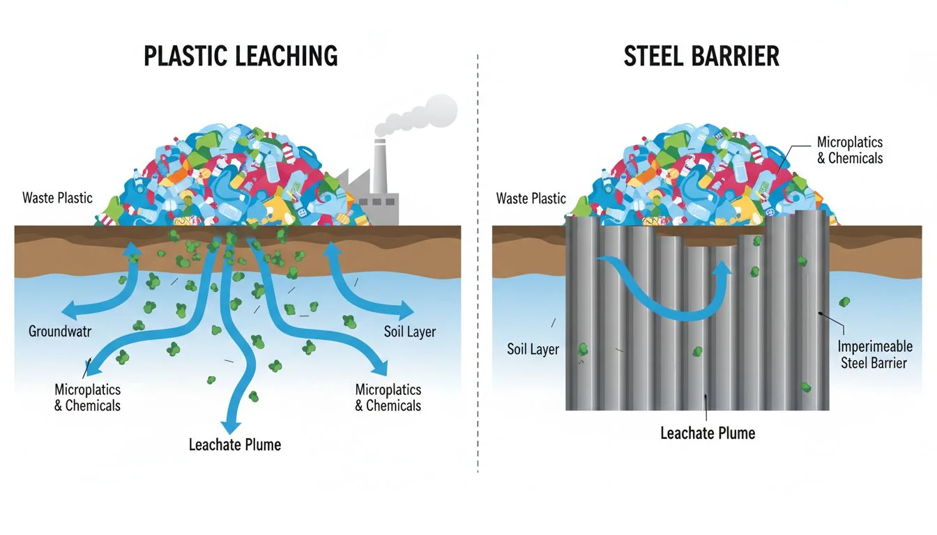 diagram showing plastic leaching vs steel barrier
