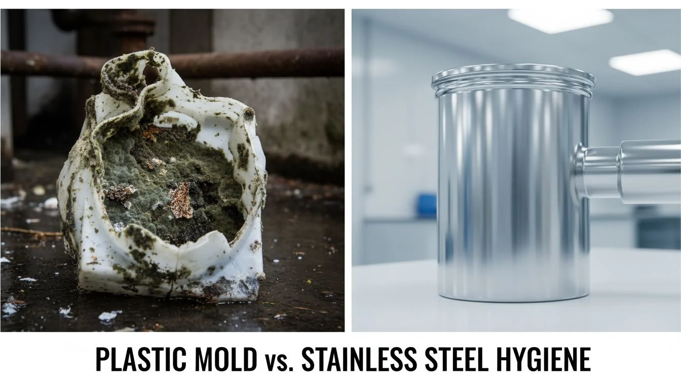 Plastic Mold vs. Stainless Steel Hygiene A split image showing a moldy plastic component on one side and a clean stainless steel part on the other.