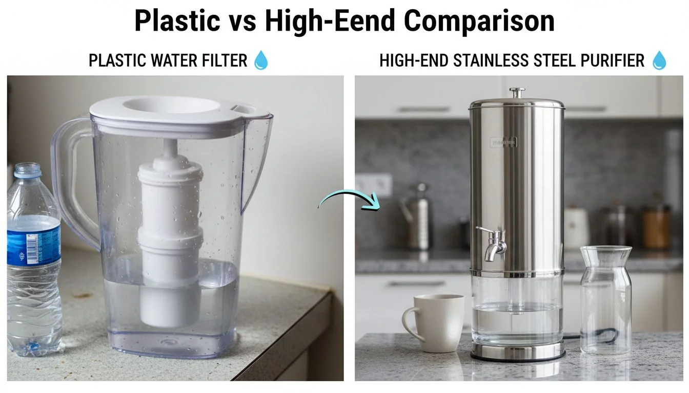 Plastic vs High-End Comparison comparison of plastic water filter vs high end stainless steel purifier