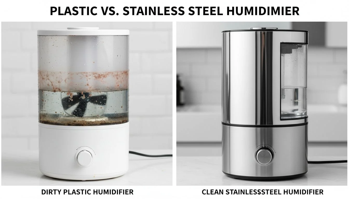 Plastic vs. Stainless Steel Humidifier Comparison of a dirty plastic humidifier and a clean stainless steel humidifier