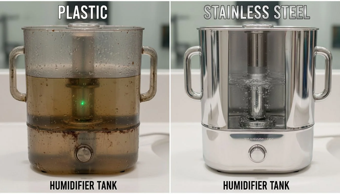 Plastic vs. Stainless Steel Humidifier Tank A split image: a grimy plastic humidifier tank on the left, and a sparkling clean stainless steel tank on the right.