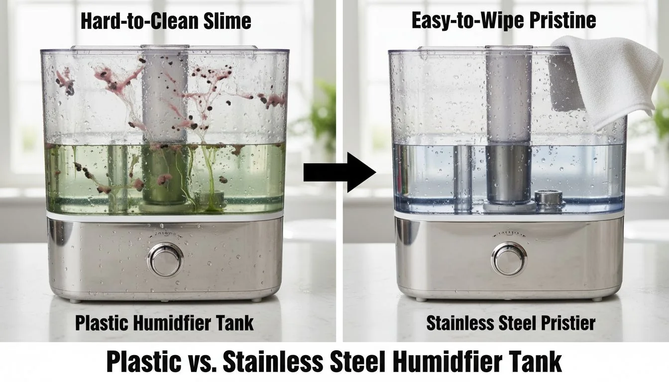Plastic vs. Stainless Steel Humidifier Tank A side-by-side comparison showing a slimy, hard-to-clean plastic humidifier tank next to a pristine, easy-to-wipe stainless steel tank.