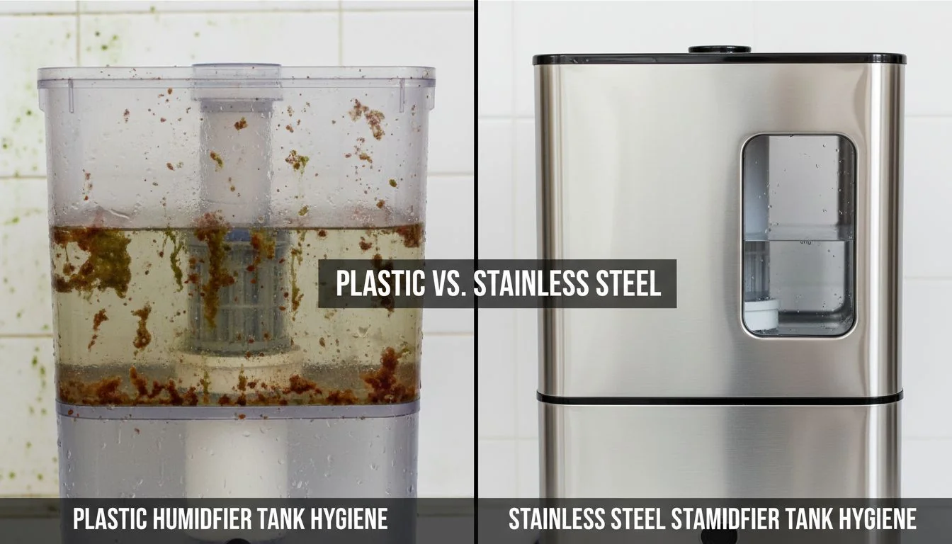 A split image showing a grimy, discolored plastic humidifier tank on one side and a sparkling clean stainless steel tank on the other.