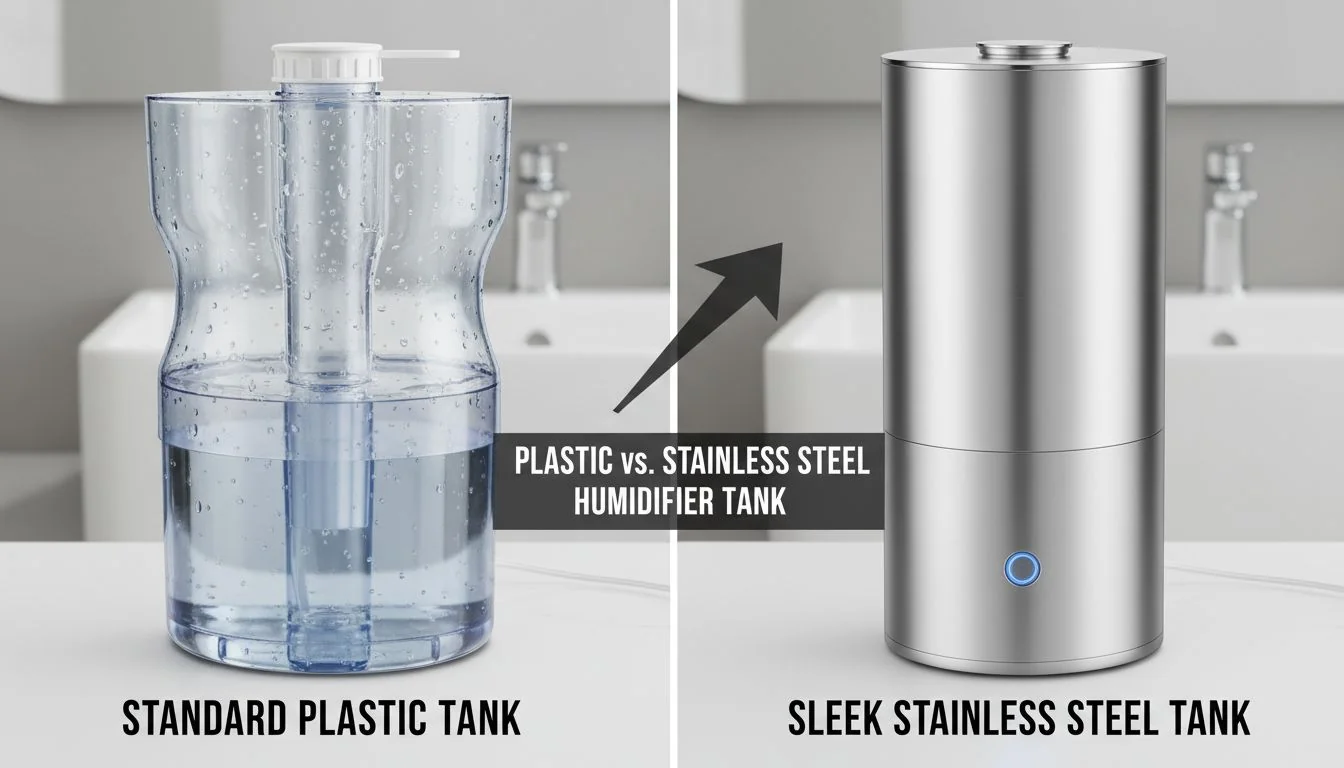 Plastic vs. Stainless Steel Humidifier Tank A comparison of a standard plastic humidifier tank and a sleek stainless steel one