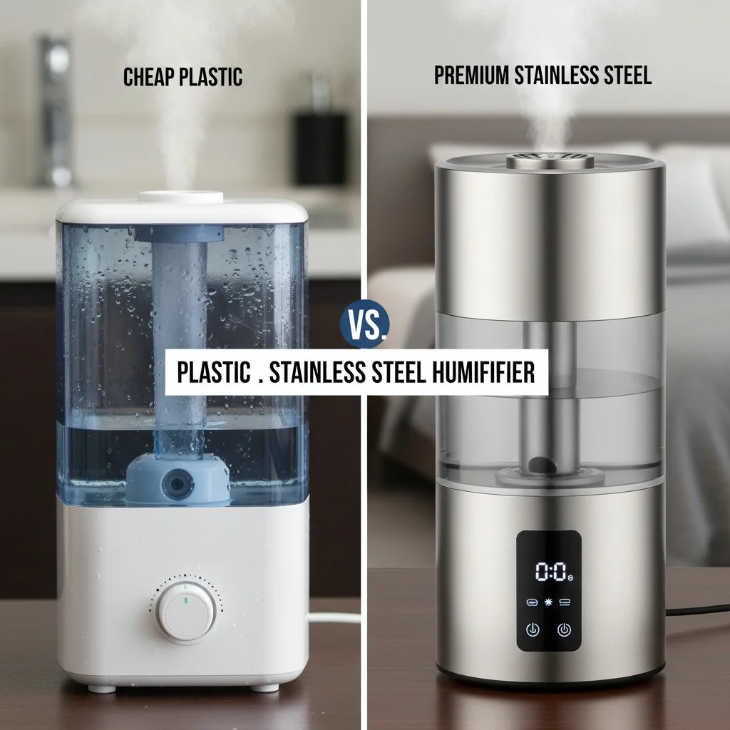 A side-by-side comparison of a cheap plastic humidifier and a premium stainless steel one.