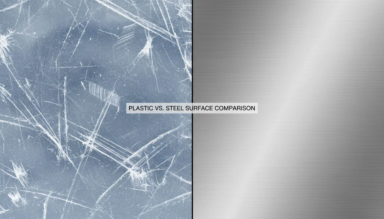 Plastic vs. Steel Surface Comparison A side-by-side comparison of a scratched plastic surface and a smooth stainless steel surface under a microscope.