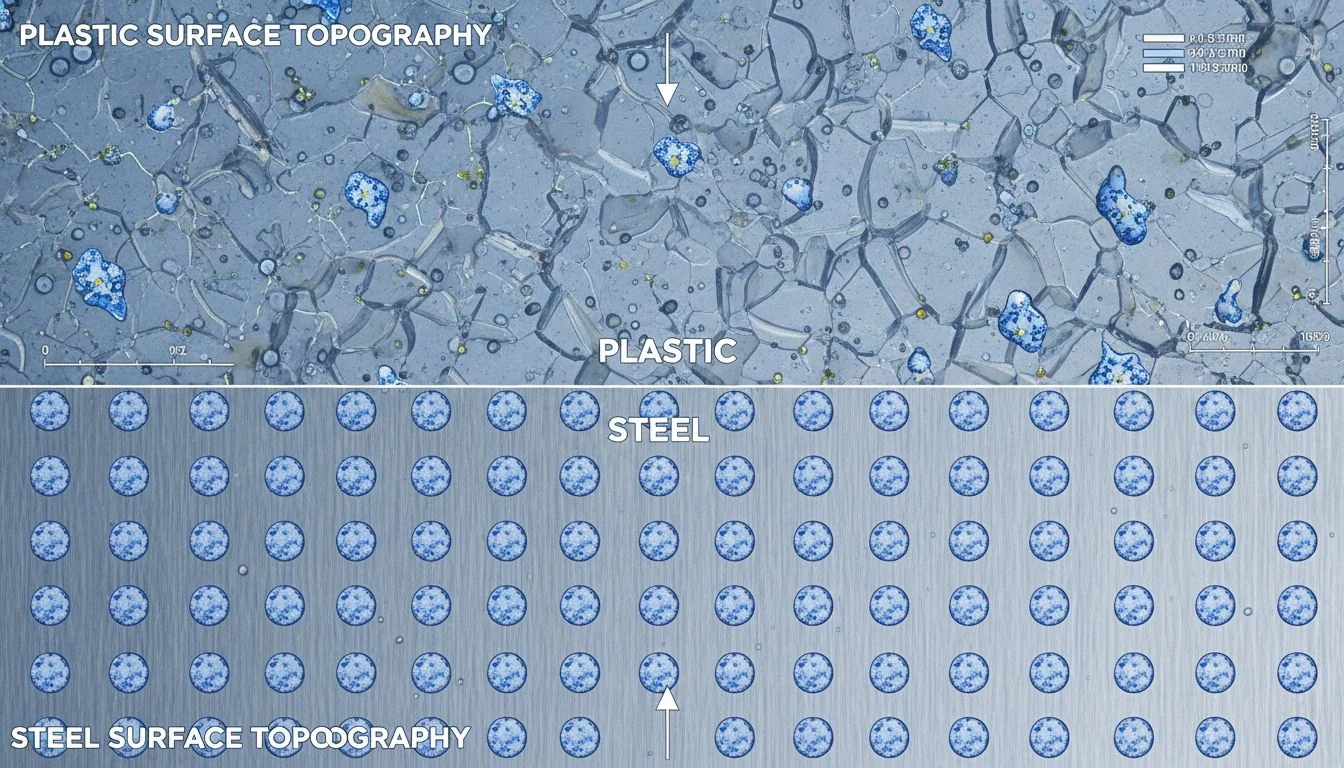 microscopic view of plastic surface vs stainless steel surface with water molecules