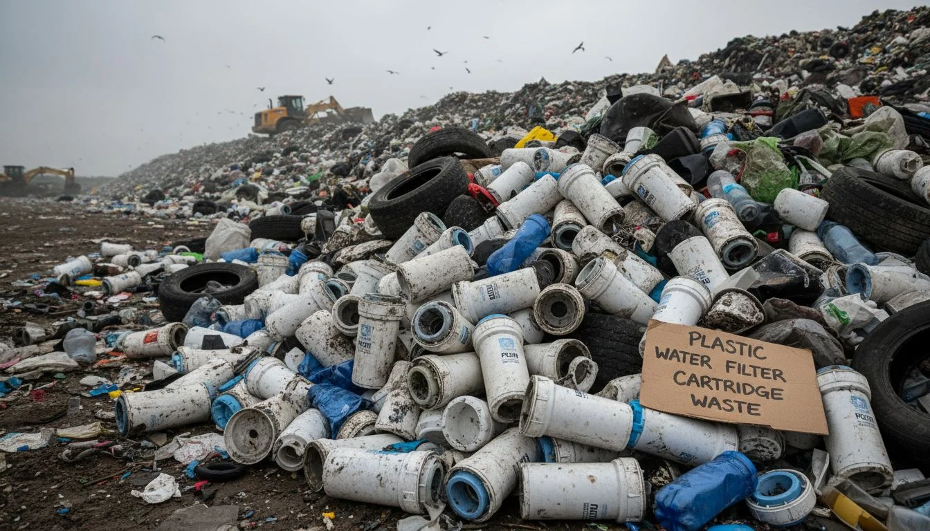 An image showing a collection of used plastic water filter cartridges next to a landfill.