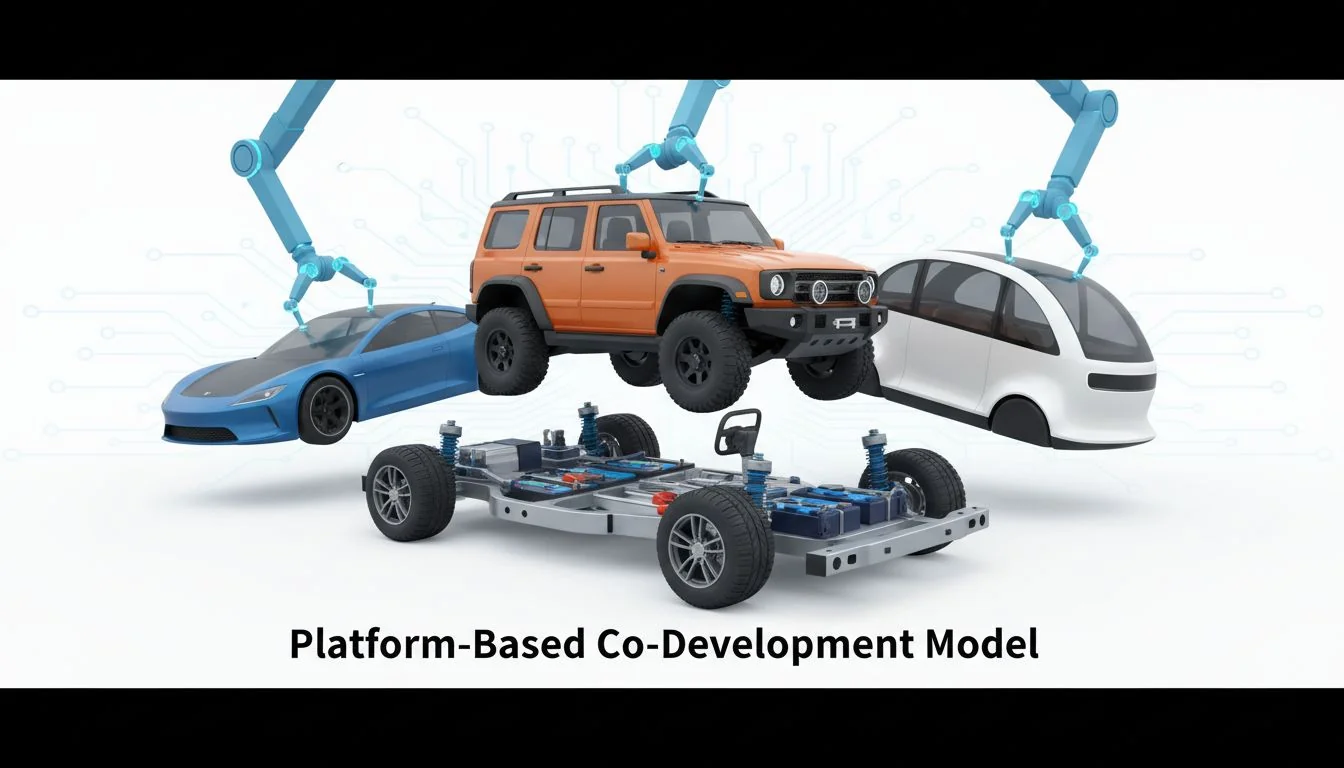 A graphic showing a core 'platform' (like a car chassis) and multiple different 'shells' or designs being placed on top of it.