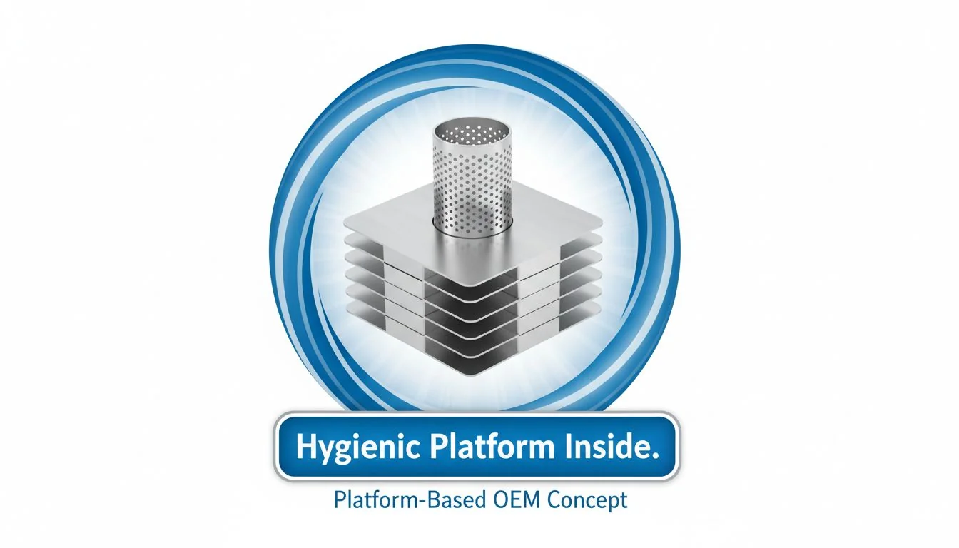 An "Intel Inside" style graphic, but showing a stainless steel humidifier core with the text "Hygienic Platform Inside."