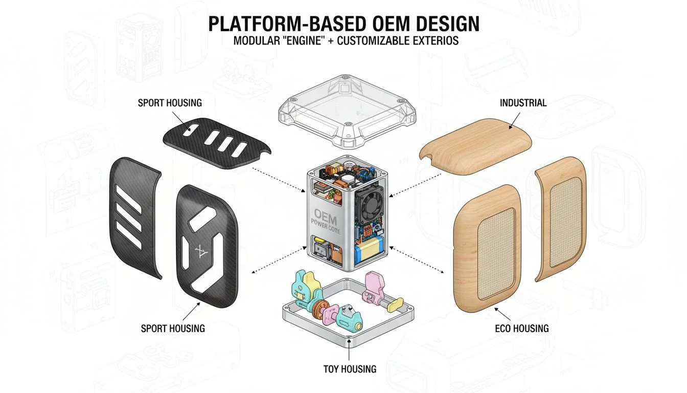 An exploded view of a product, showing a core 'engine' module and separate, customizable exterior housing parts.
