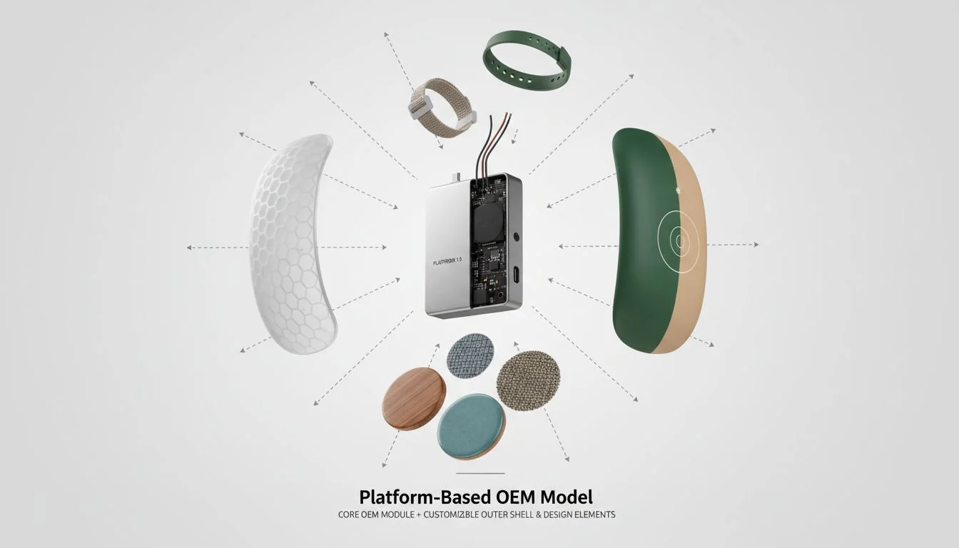 Platform-Based OEM Model An exploded view of a wellness product, showing the core OEM module and the customizable outer shell and design elements.