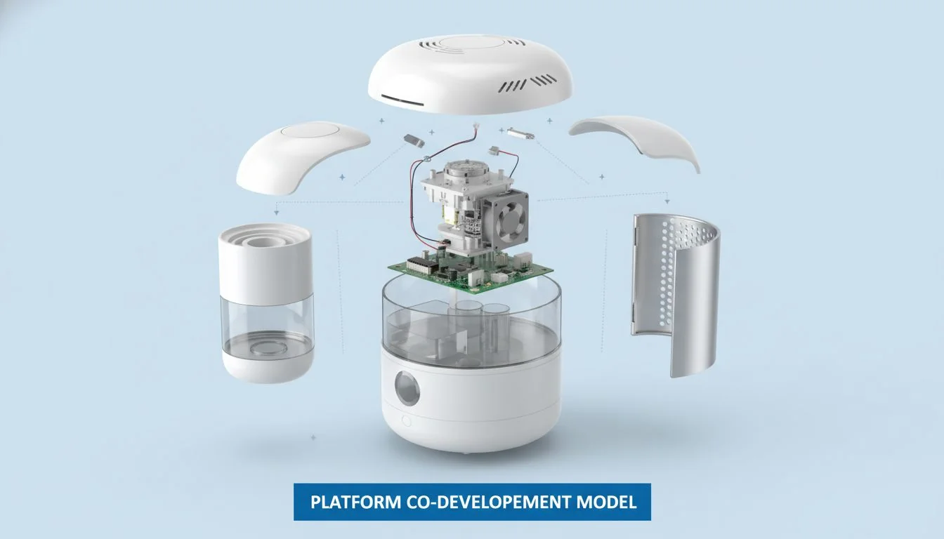 Platform Co-Development Model Exploded view of a humidifier showing the internal core platform and the external design shell.