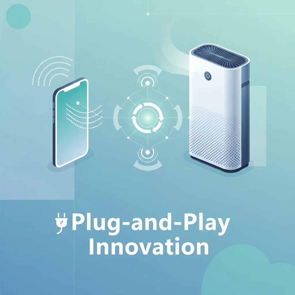 A graphic showing a smartphone connecting to an air purifier with IoT symbols.