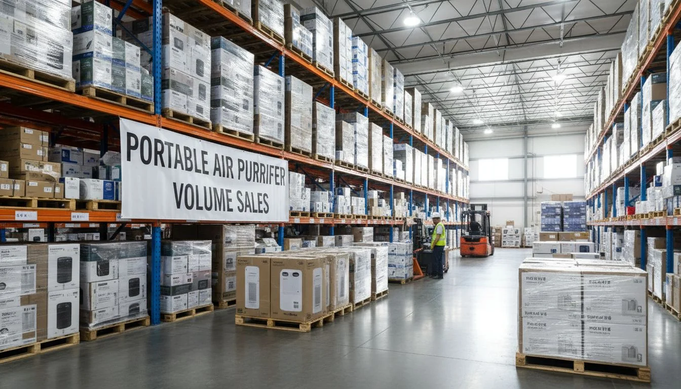 Portable Air Purifier Volume Sales Large volume of portable air purifiers in a warehouse