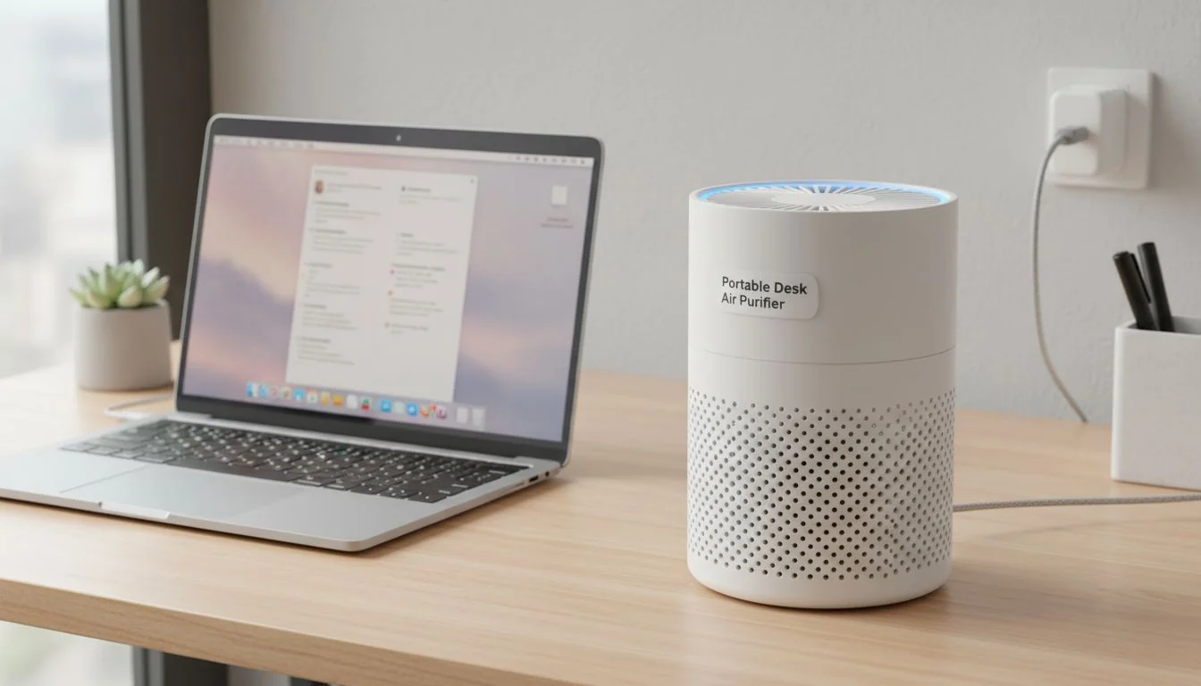 Portable Desk Air Purifier A compact, cylindrical air purifier sitting next to a laptop on a clean desk