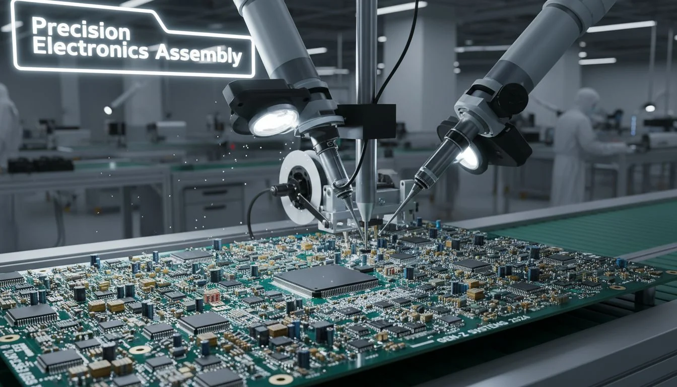 Precision Electronics Assembly A close-up shot of a complex circuit board being assembled