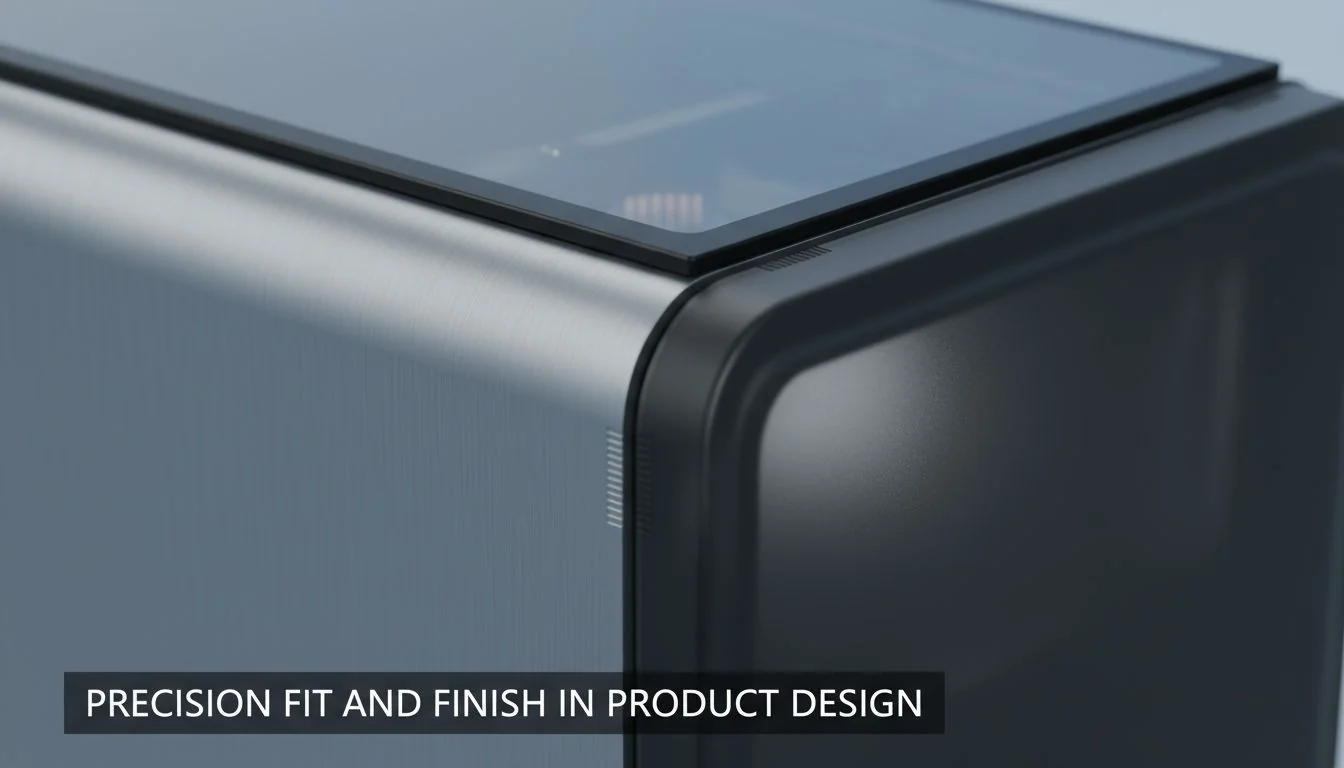 Precision Fit and Finish in Product Design Close-up shot showing the perfect seam between a plastic housing and a metal part on a device.