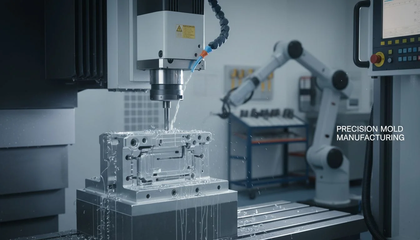 Precision Mold Manufacturing A close-up shot of a CNC machine cutting a metal mold, representing the precision of hard tech.