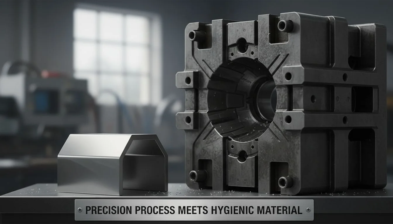 Precision Process Meets Hygienic Material A close-up shot of a precision-engineered stainless steel product next to a complex mold, symbolizing the fusion of material and process.