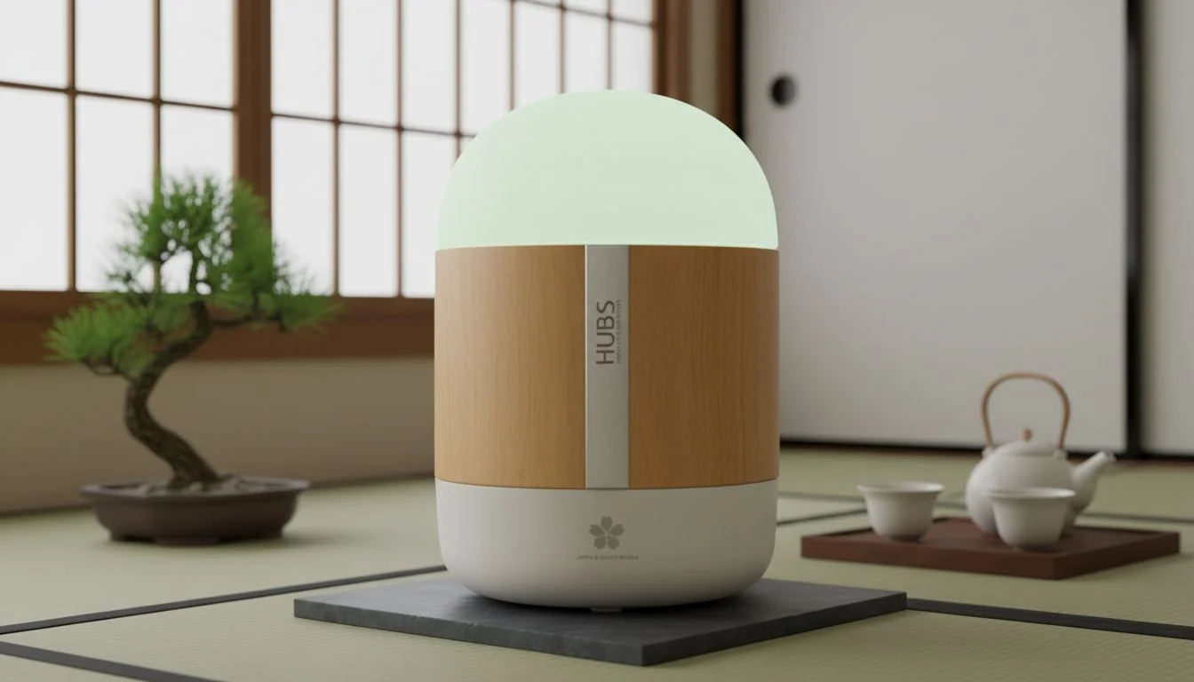 Premium Brand Hubs of Japan and South Korea A sleek, minimalist wellness device with Japanese design aesthetics