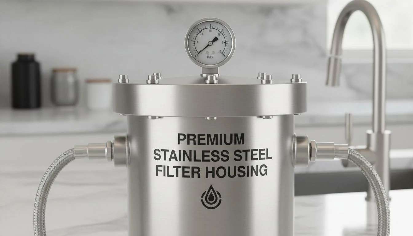 Close-up shot of a brushed stainless steel housing for a water filter.