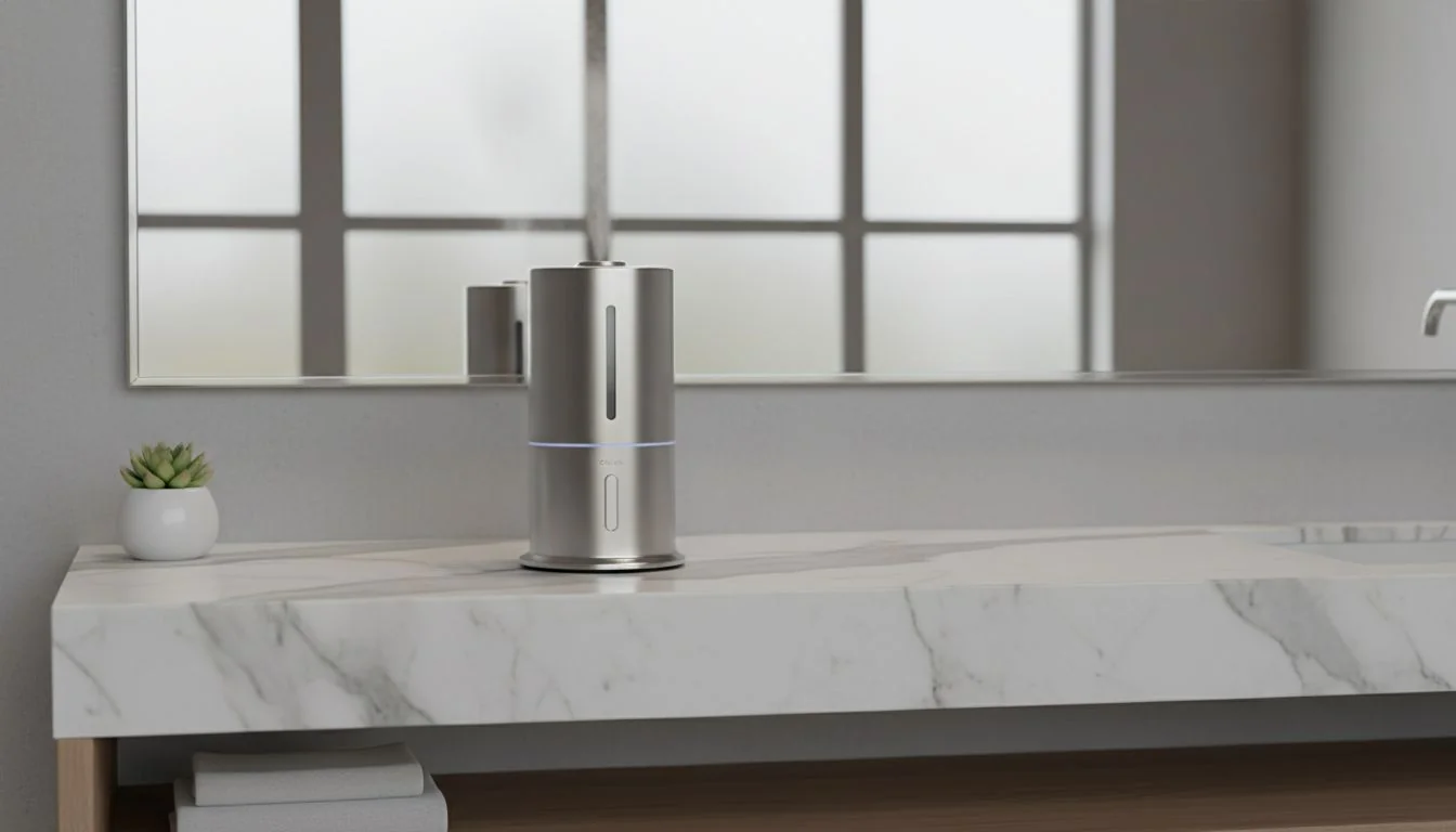 A beautiful, minimalist stainless steel humidifier sitting on a marble countertop in a modern bathroom.