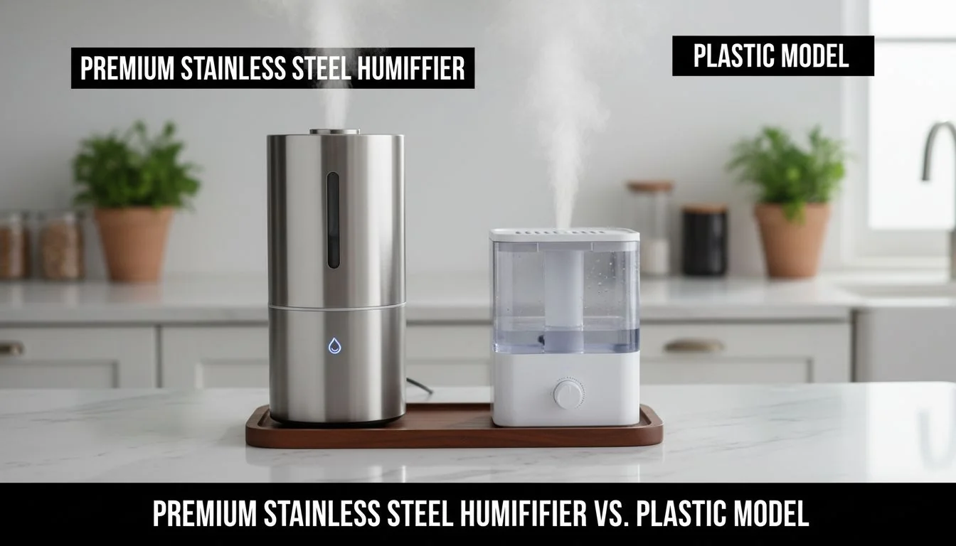 A sleek, premium stainless steel humidifier next to a standard white plastic one on a modern countertop.