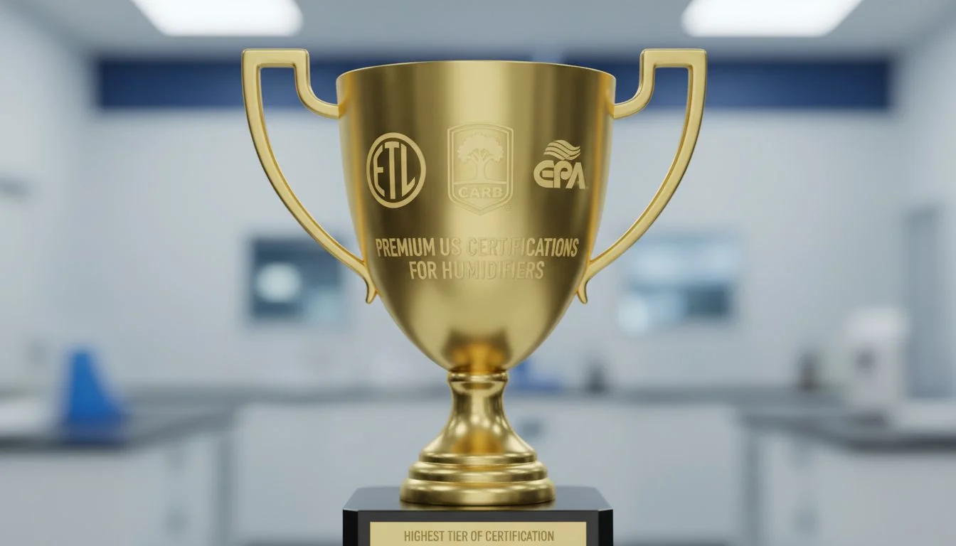 A gold trophy with the ETL, CARB, and EPA logos engraved on it, signifying the highest tier of certification.