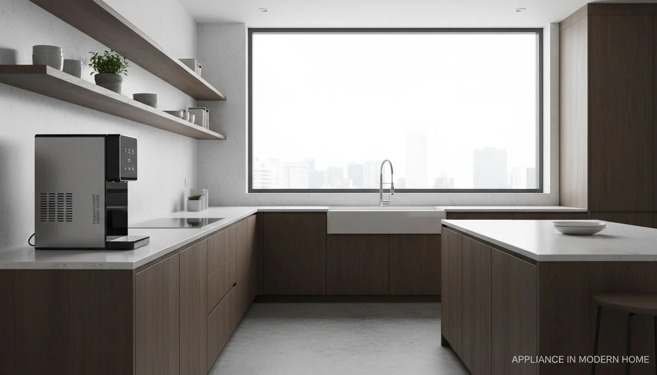 modern kitchen with premium water dispenser on counter