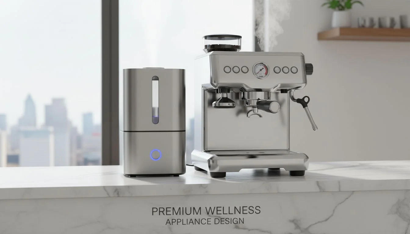 Premium Wellness and Appliance Design A sleek, stainless steel humidifier next to a high-end espresso machine on a marble countertop.